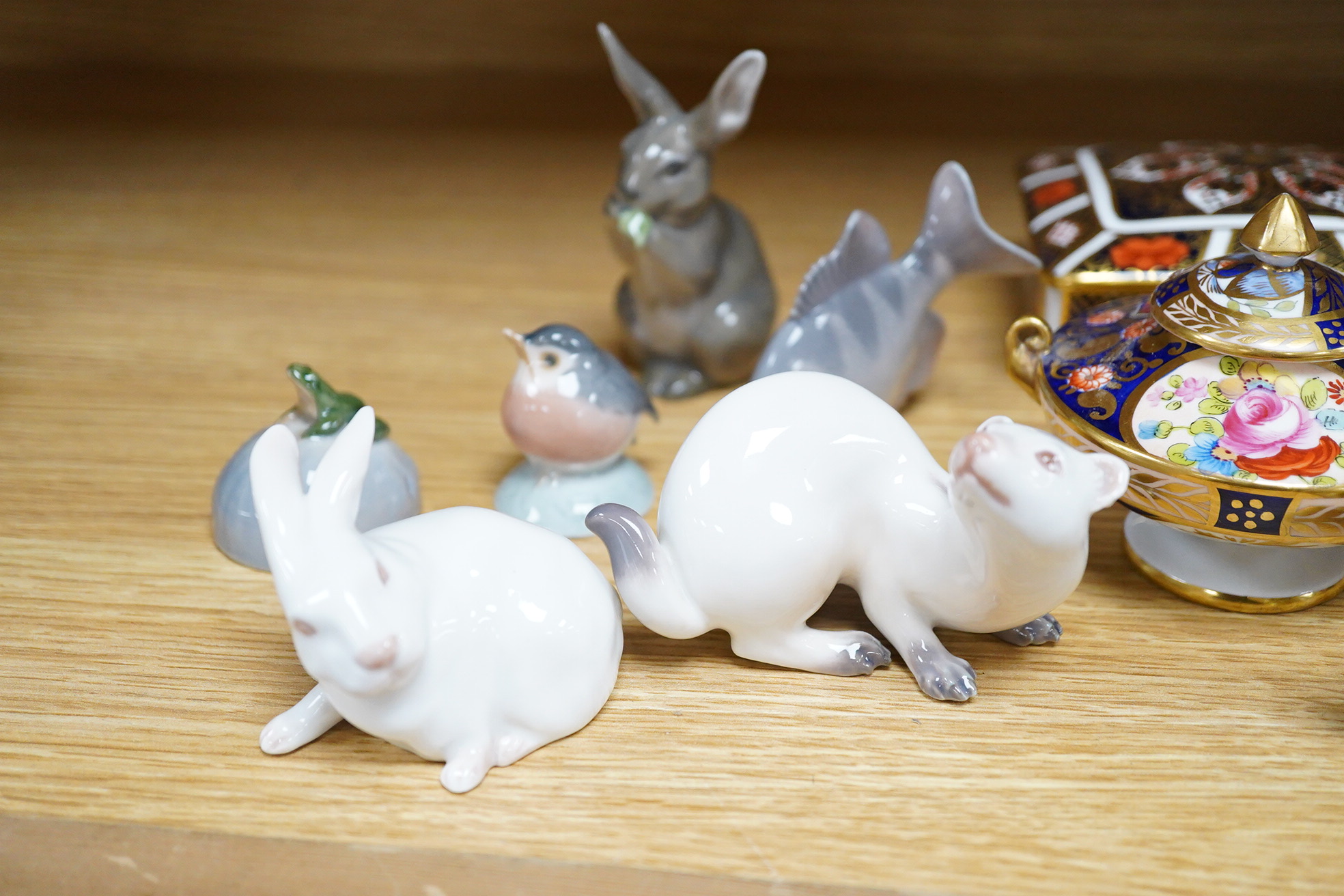 Six small Copenhagen figures, a Derby penguin and four other items